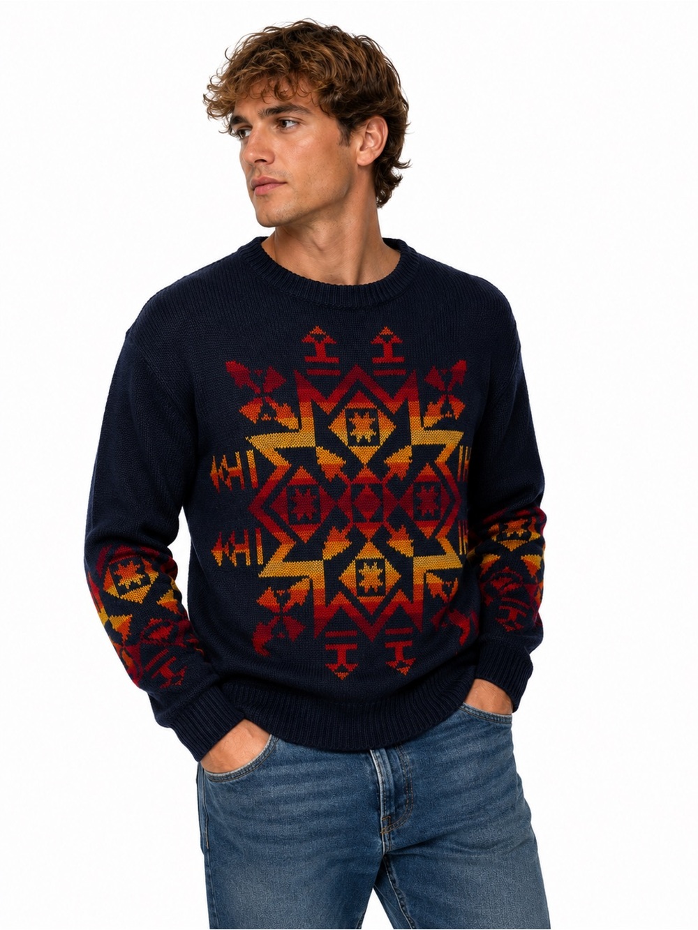 Vintage Pendleton Navy 100% Virgin Wool Crewneck Sweater Fair Isle Motif